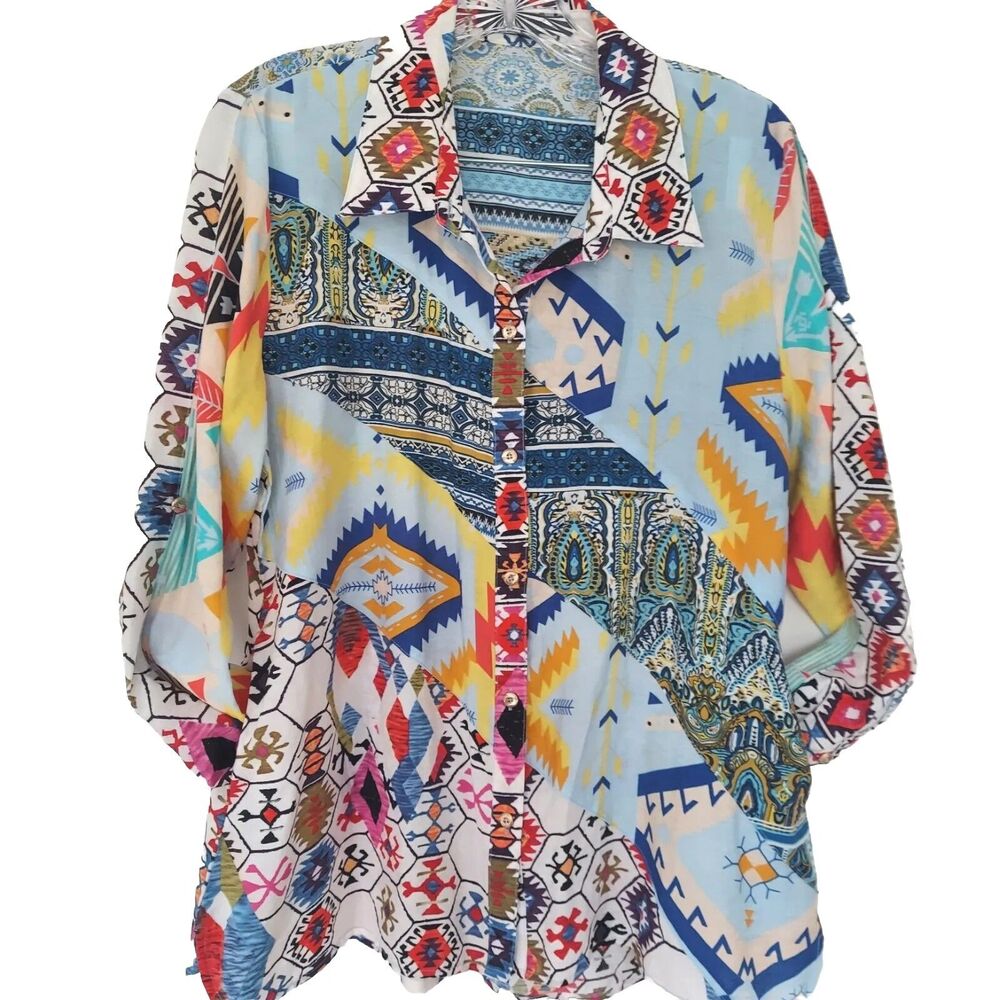 Calessa Mixed Print Shirt Womens M Long Sleeve Pockets